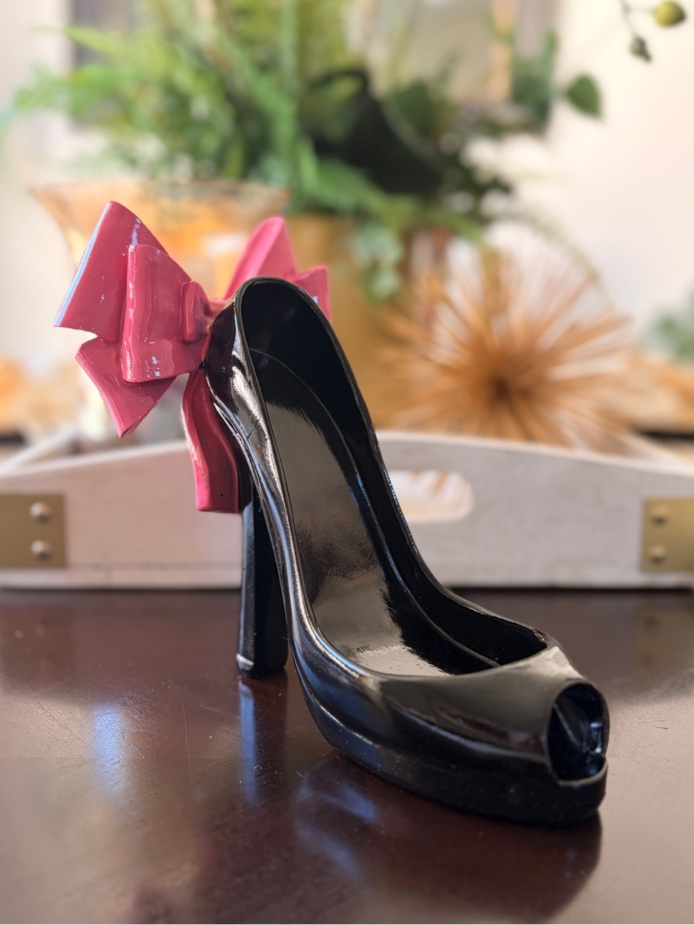 Decor Black Patent Peep-Toe Heel with Pink Bow Accent